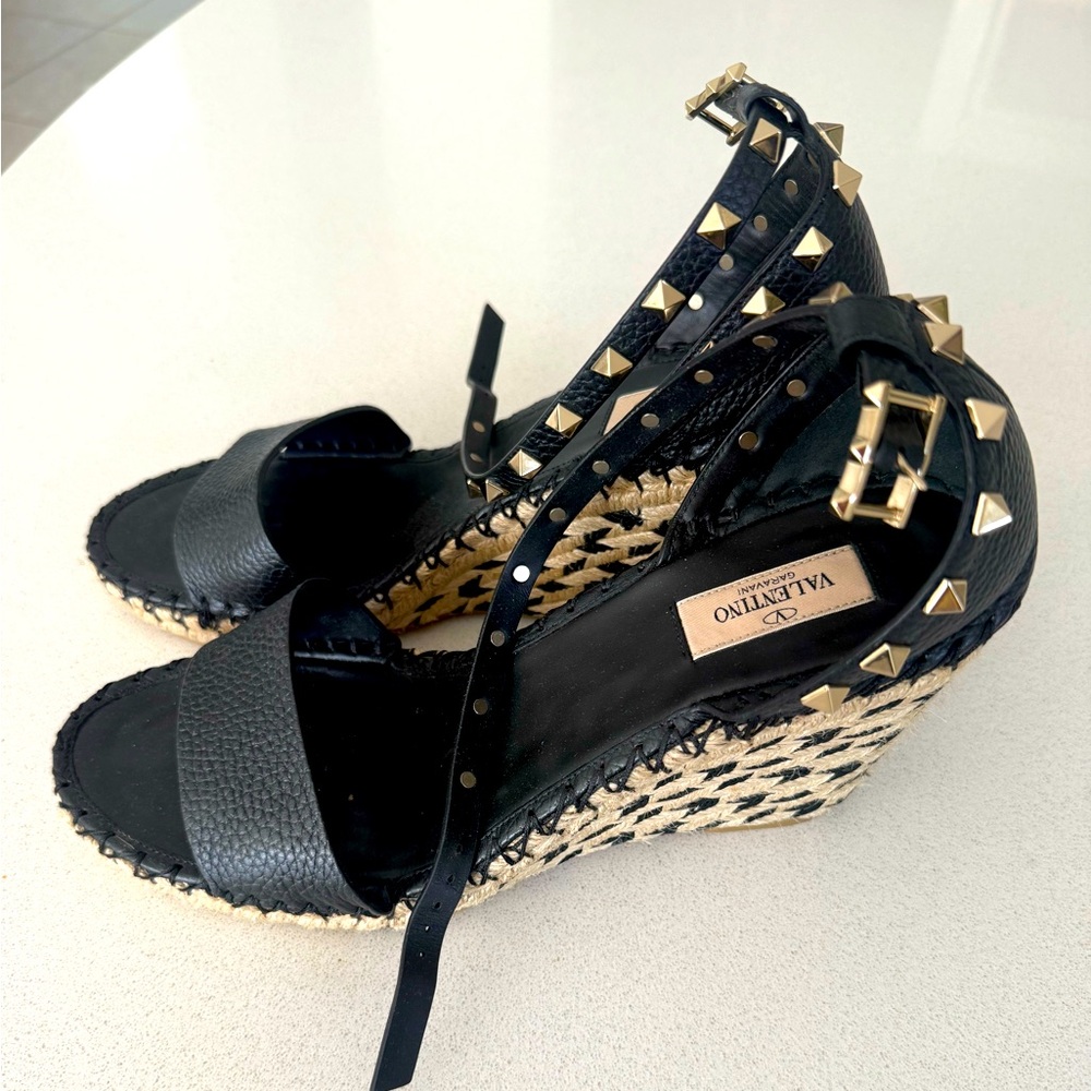 Valentino Black Rockstud Espadrille Wedges with Gold Studs